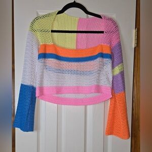 Women's M L Crochet Boho Crop Sweater Patchwork Indie Artsy Festival